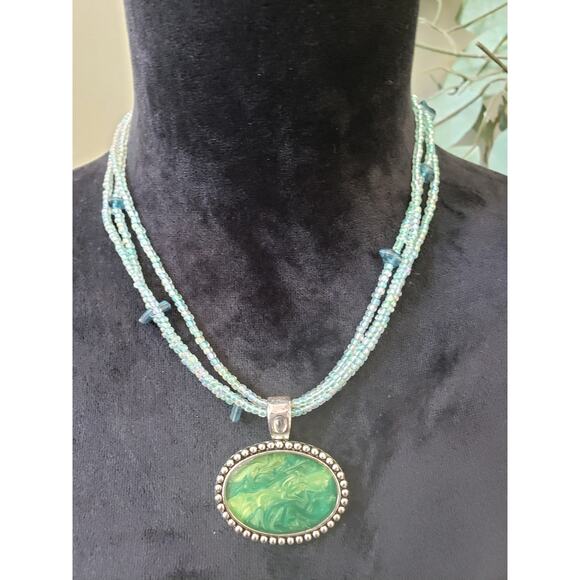 Womens 3 Strand Rainbow Seed Beads Chains Green Enamel Pendant Necklace w/ Claw - Picture 1 of 6